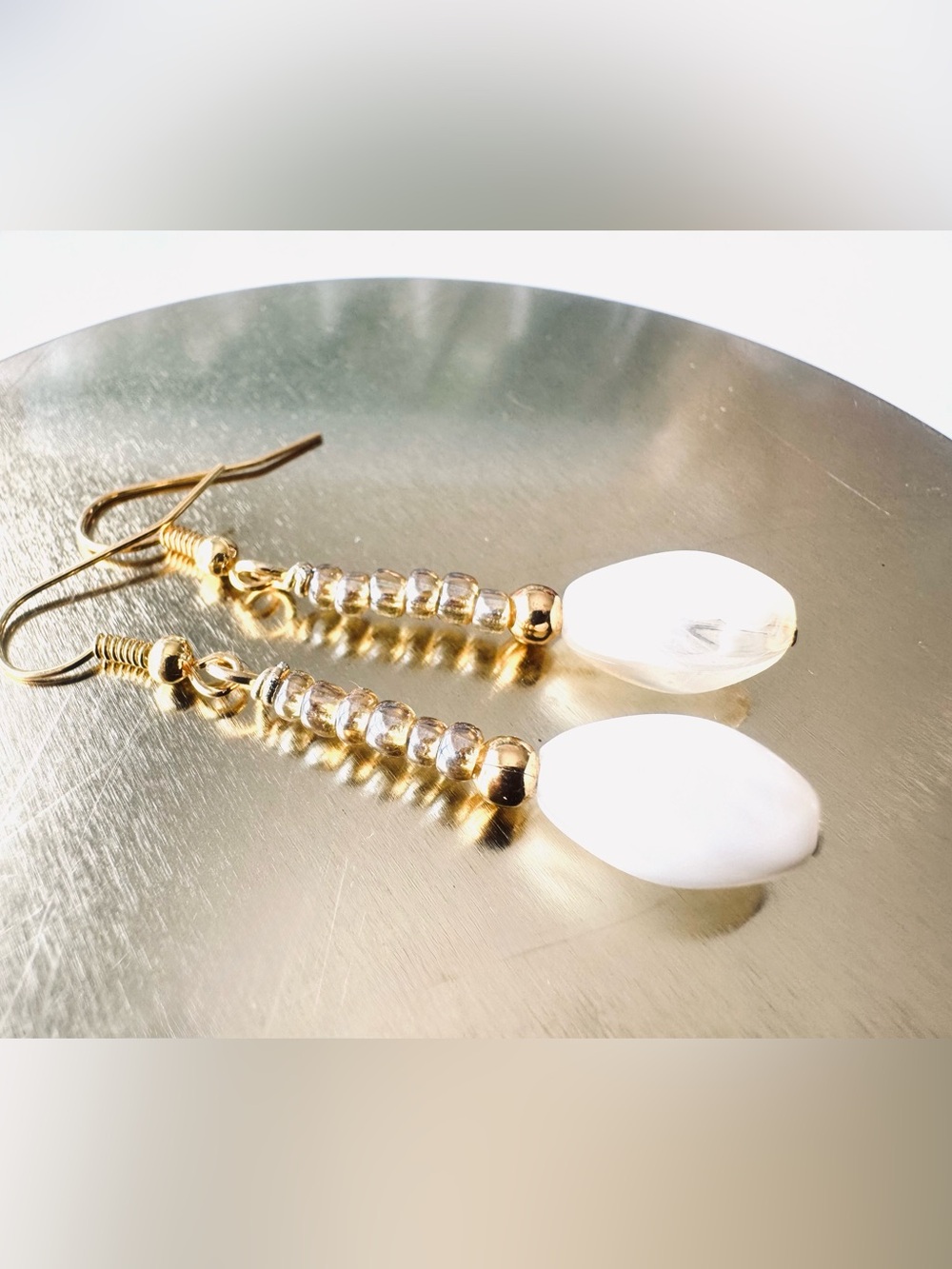Gold and White Bead Drop Earrings - Women Jewelry